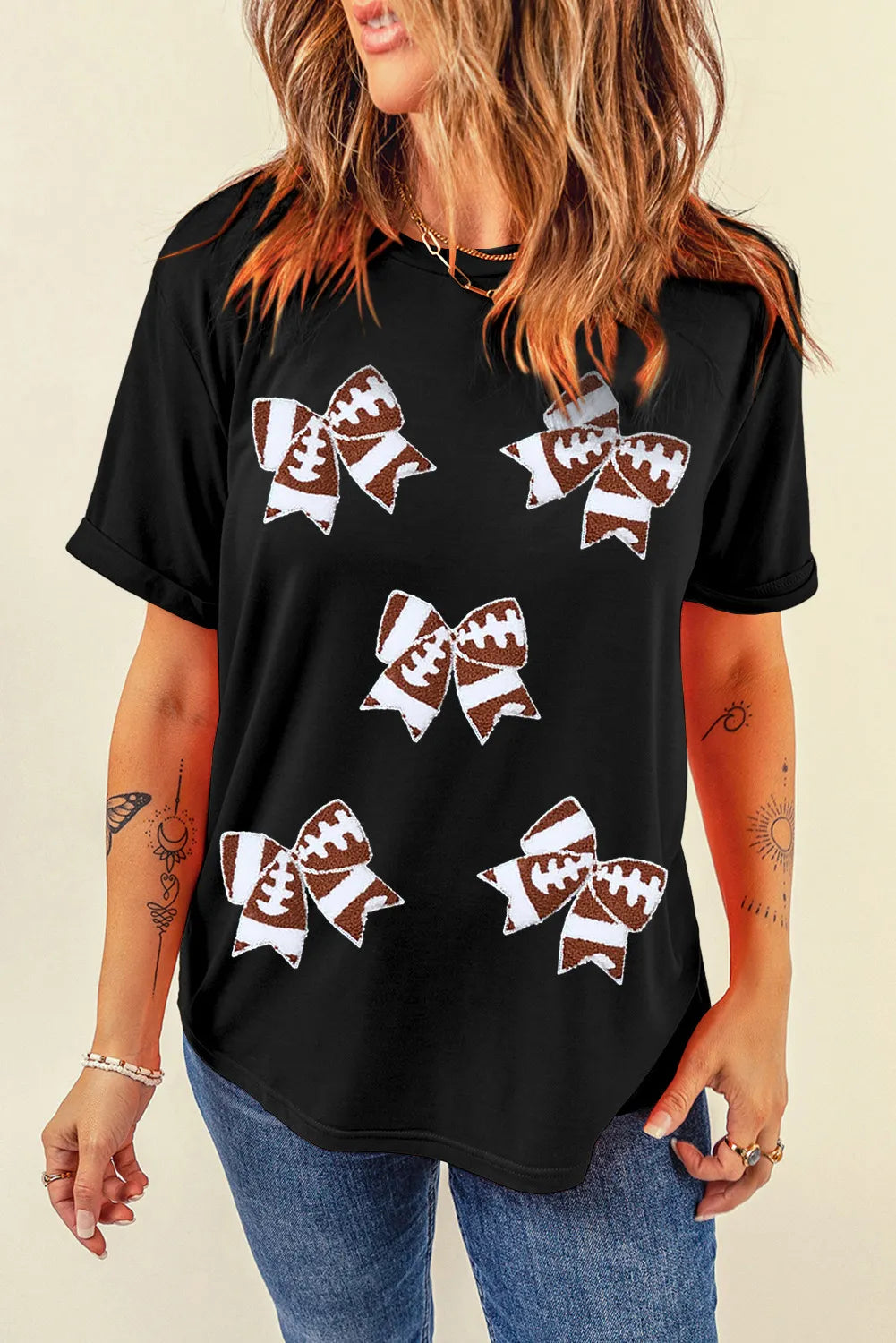 Bow Round Neck Short Sleeve T-Shirt - Lojy Shop