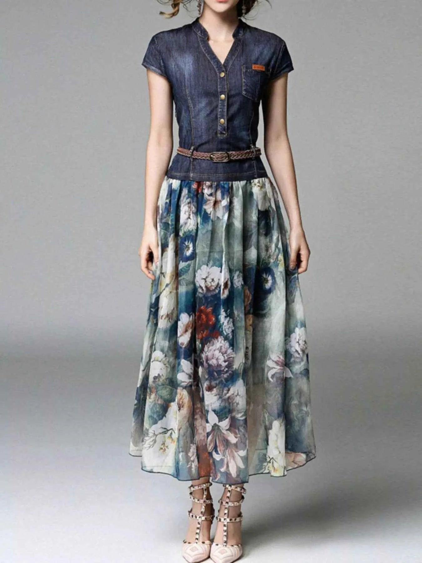 Full Size Patchwork Floral Print Chiffon Dress Plus Size