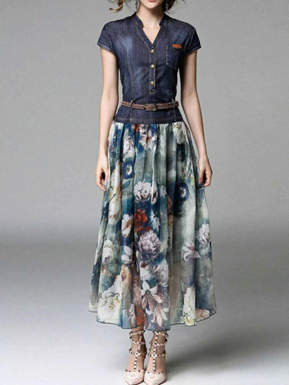 Full Size Patchwork Floral Print Chiffon Dress Plus Size