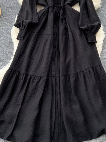 Button Down Tiered Long Sleeve Dress