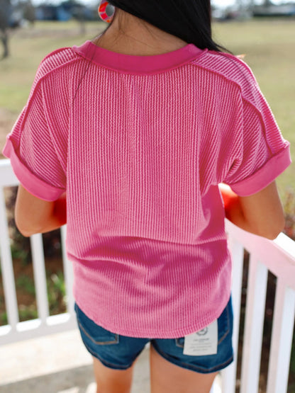 Twisted Rib Sequin Patriotic Balloon Dog V Neck Tee