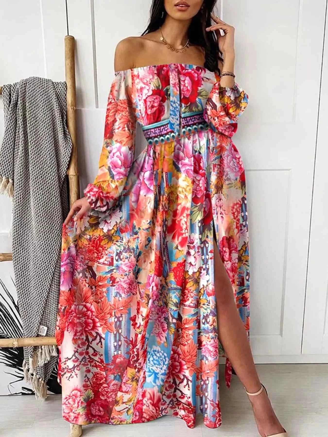 Slit Printed Off Shoulder Maxi Dress