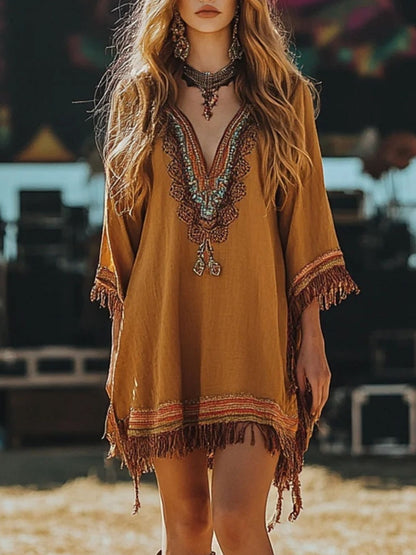 Fringe Hem 3/4 Sleeve Mini Dress