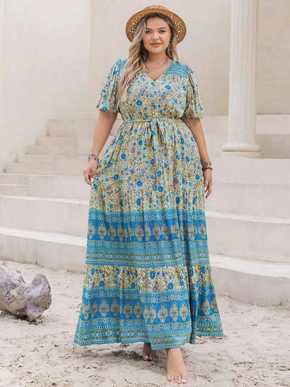 Plus Size V-Neck Floral Print Maxi Dress
