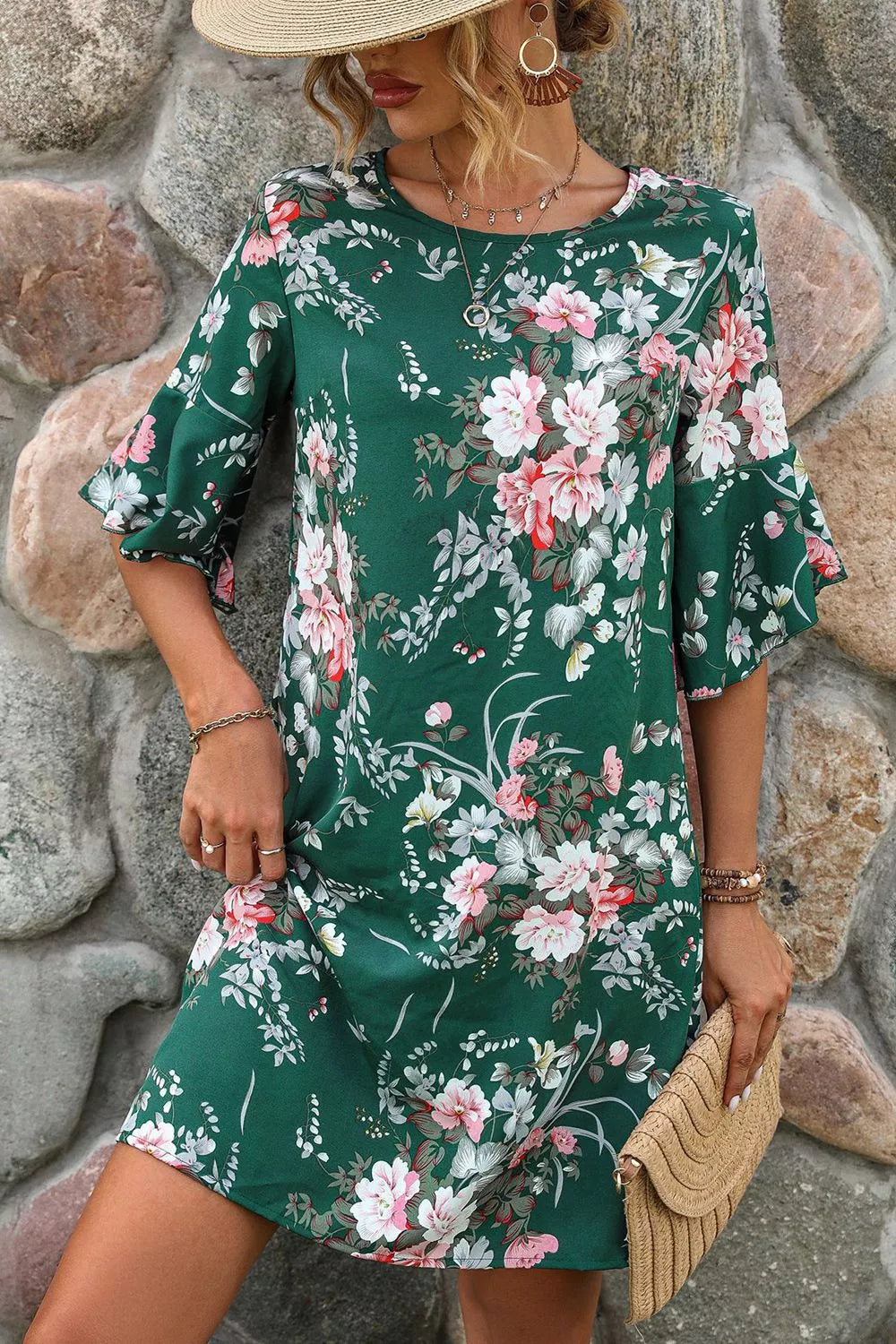Floral Print Flounce Sleeve Casual Dress