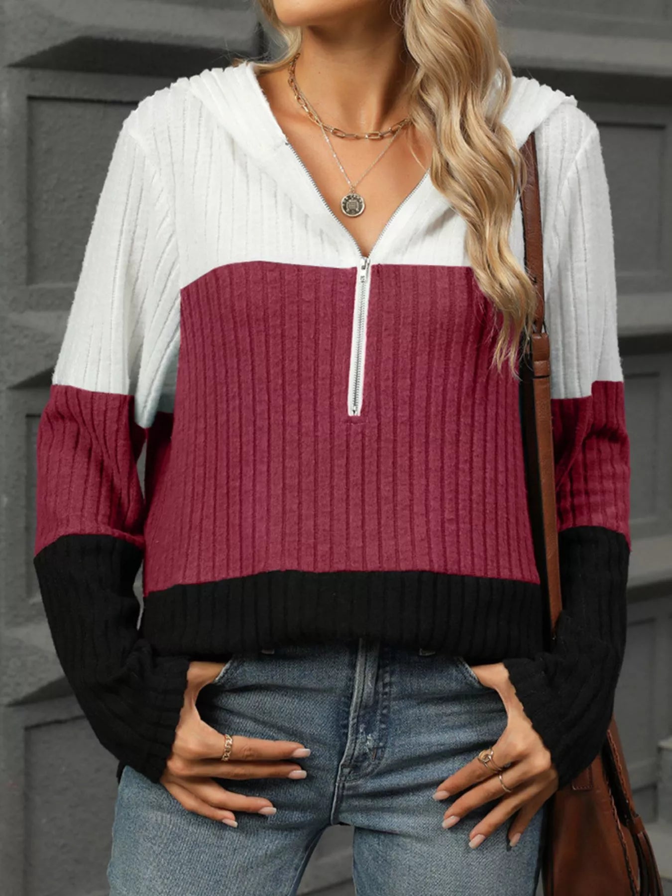 Color Block Half Zip Hooded Top
