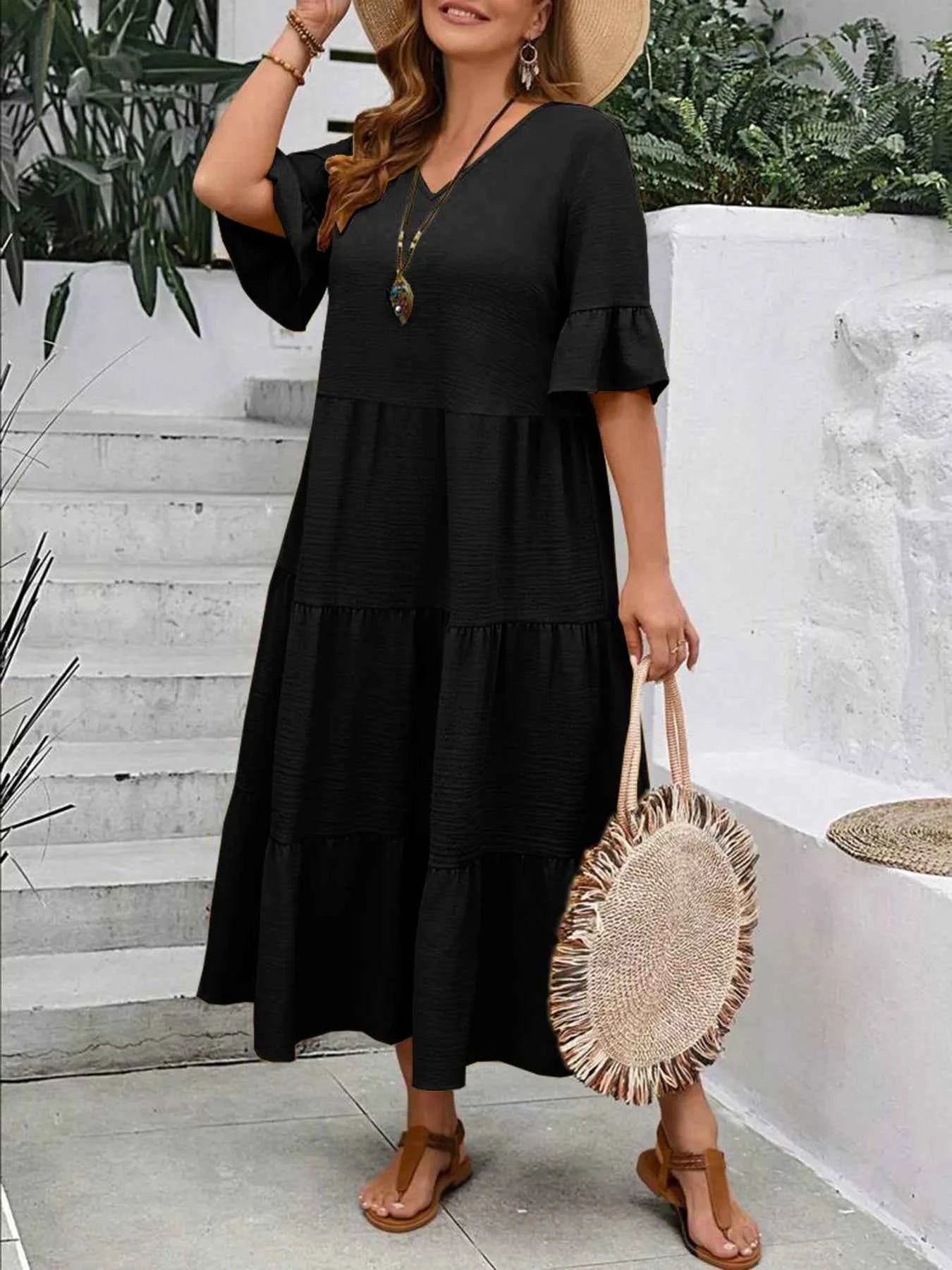 Plus Size Ruffle Sleeves Tiered Midi Dress
