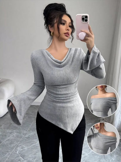 Cowl Neck Flare Sleeve Top