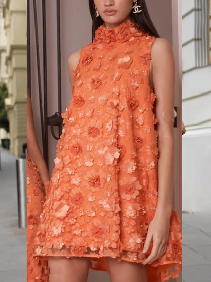 Floral Applique High Neck Sleeveless Mini Dress