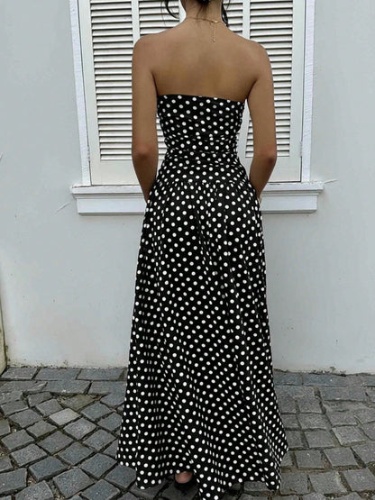 Polka Dot Ruched Strapless Maxi Dress