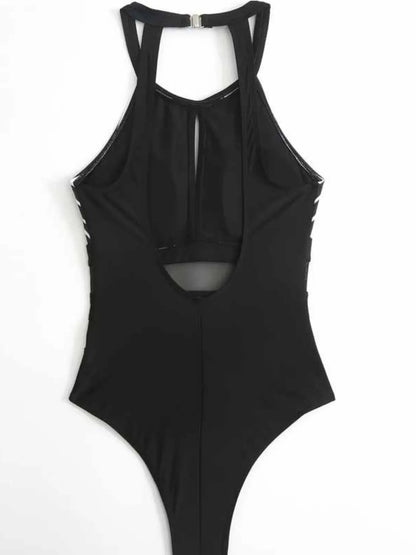 Mesh Detail Backless Striped One-Piece Swimsuit