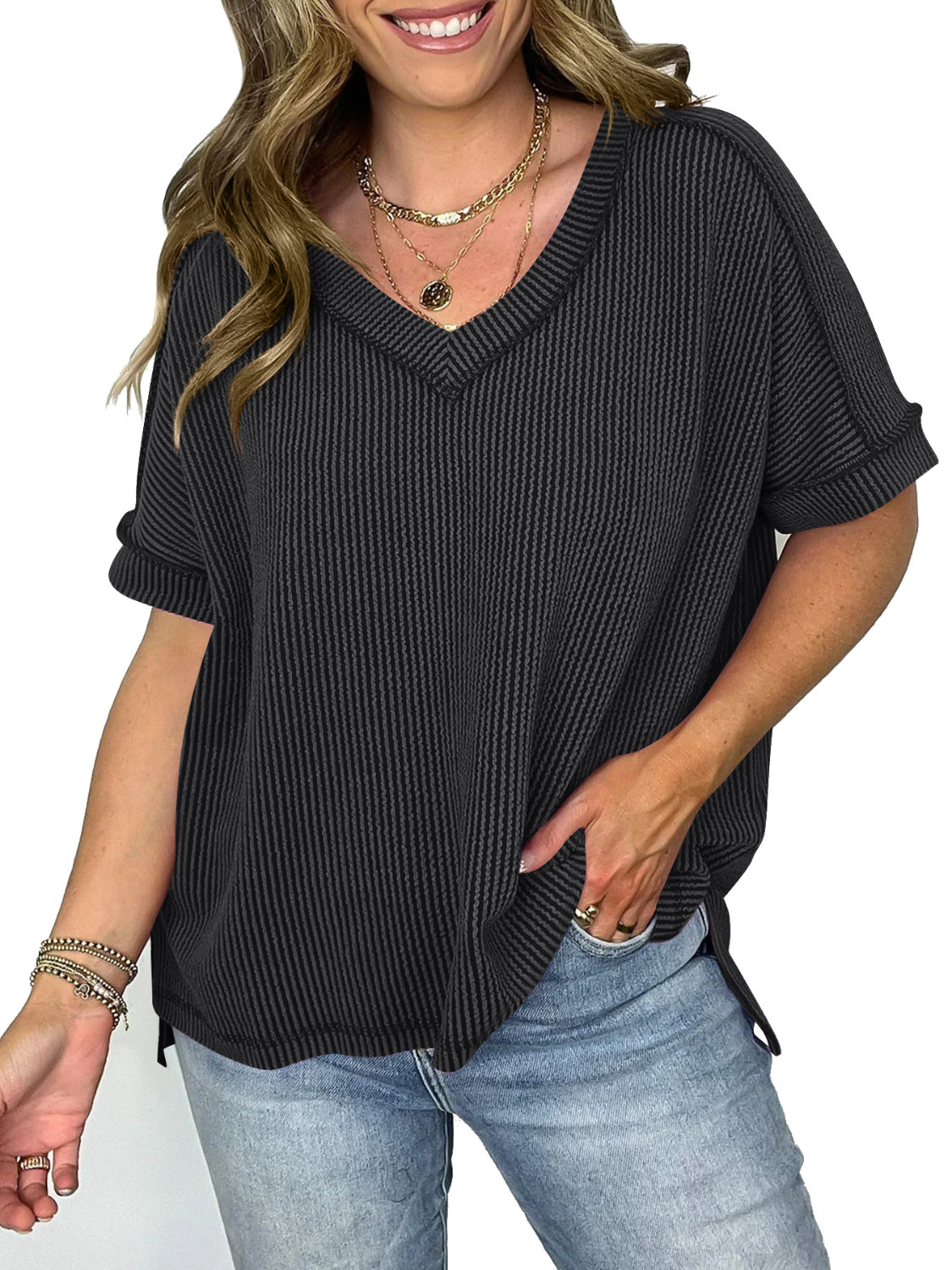 Cord Ribbed V Neck Short Sleeve T Shirt