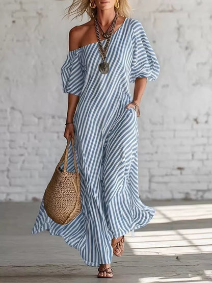 Full Size Striped One-Shoulder Casual Maxi Dress Plus Size