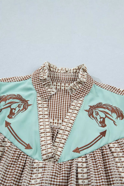 Western Pony Embroidered Yoke Puff Sleeve Gingham Blouse