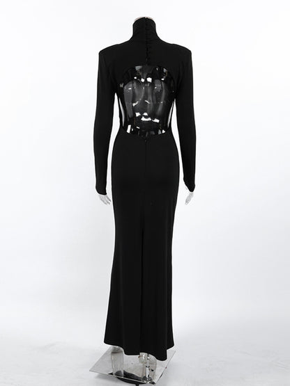 Backless Turtleneck Long Sleeve Bodycon Maxi Dress