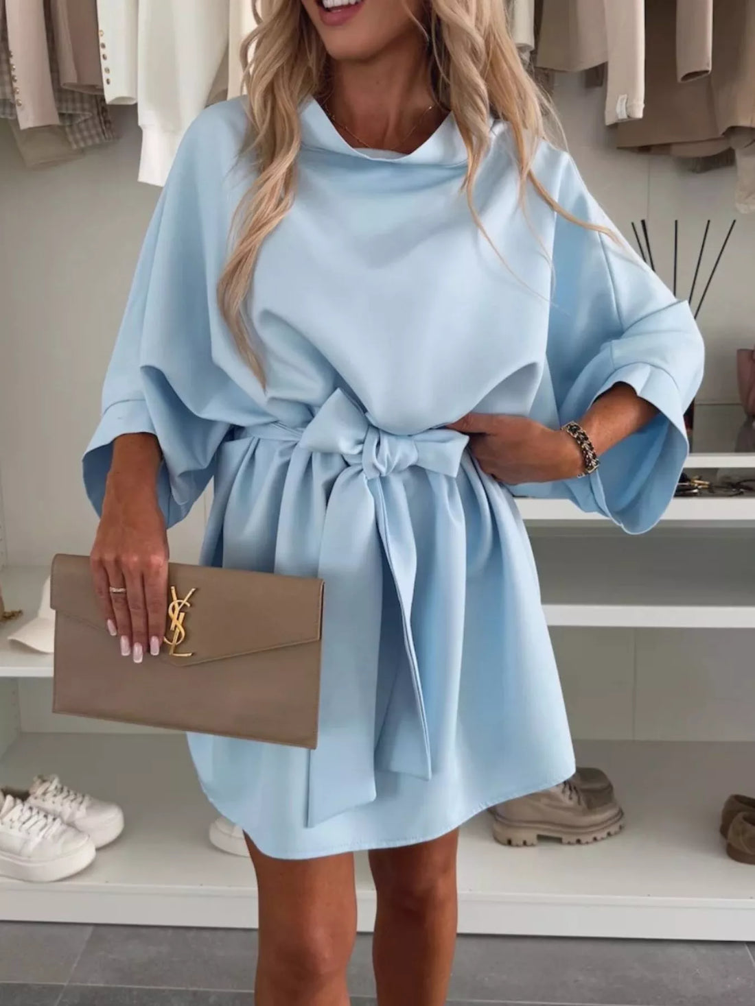 Batwing Sleeve Tie Waist Mini Dress