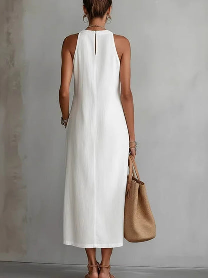 Side Slit Sleeveless Hollow-Out Trimmed Midi Dress