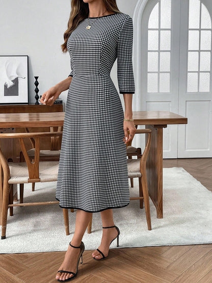 Plaid Round Neck 3/4 Sleeve Dress