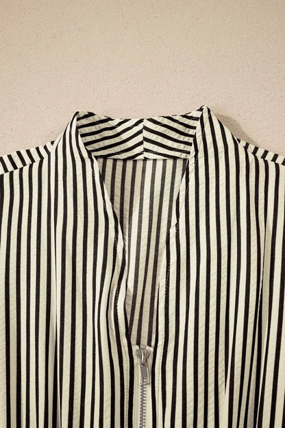 Stripe V Neck Zip Front Cinched High Waist Midi Dress