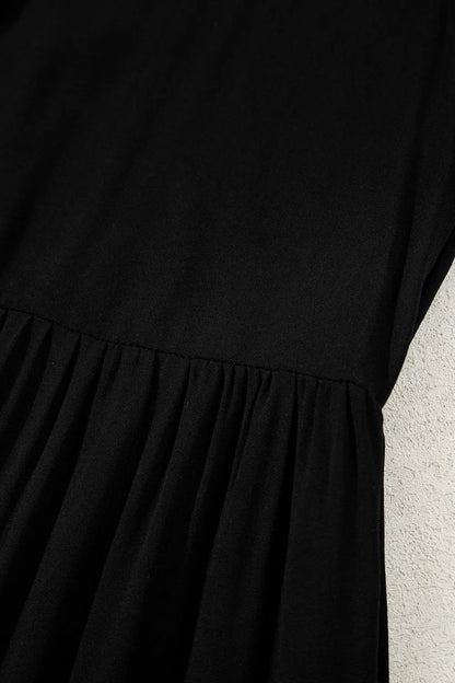Hidden Buttons Short Sleeve Ruffle Tiered Long Flared Dress