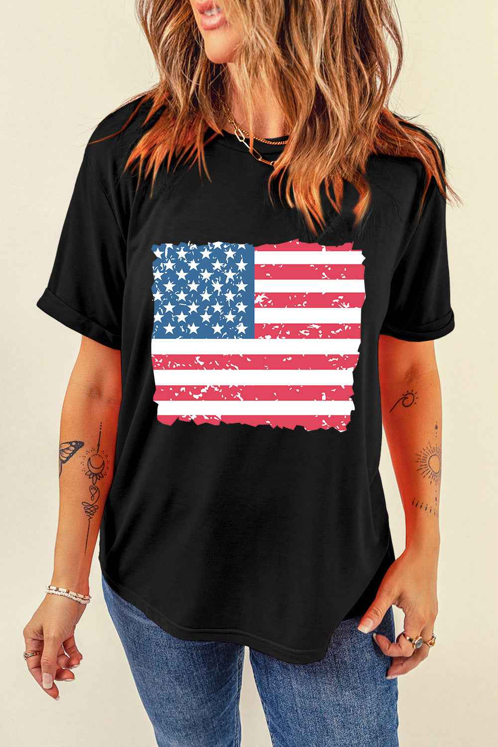 US Flag Round Neck Short Sleeve T Shirt Lojy Shop