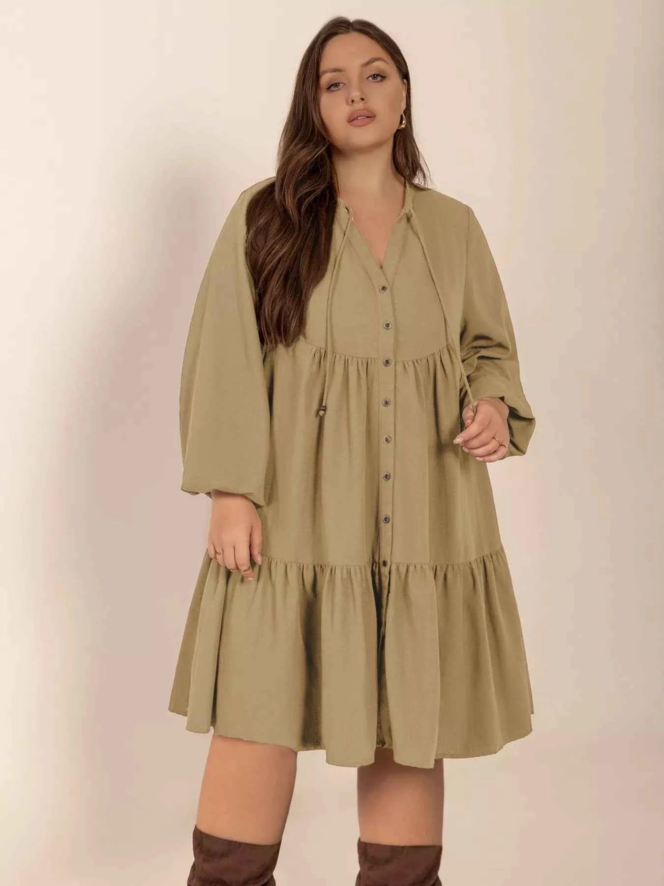Plus Size Tie Neck Balloon Sleeve Dress