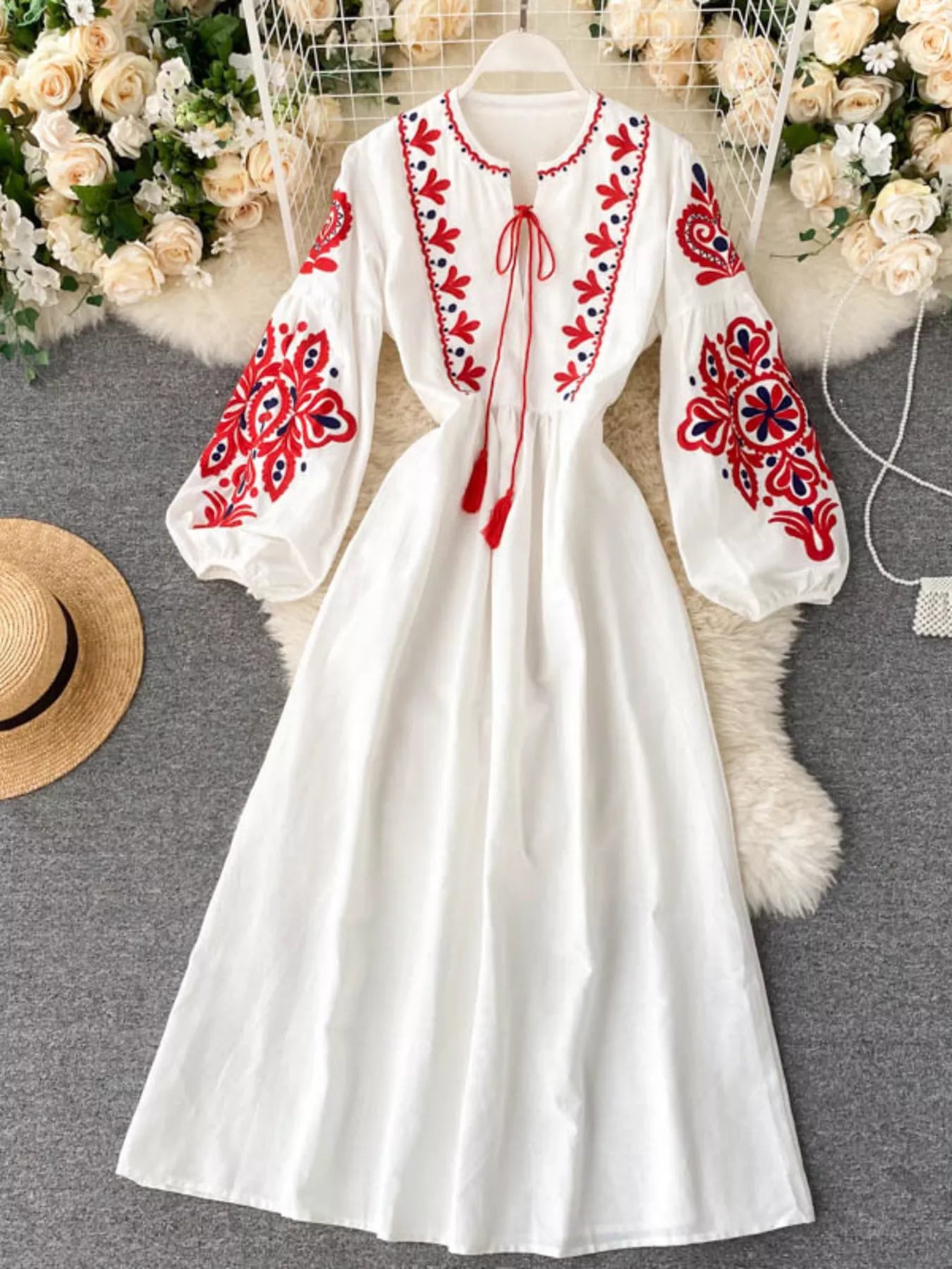 Embroidered Tie Neck Long Sleeve Dress