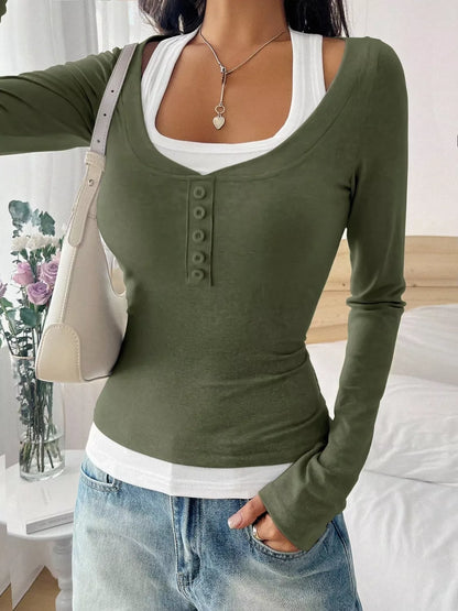 Contrast Long Sleeve Fake Two-Piece T-Shirt