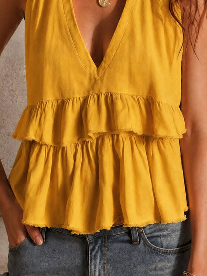 Ruffled V-Neck Sleeveless Top