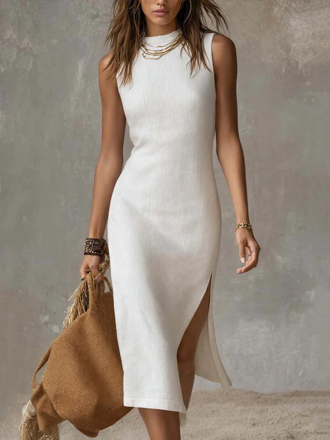 Full Size Sleeveless Mock Neck Slit Midi Dress Plus Size