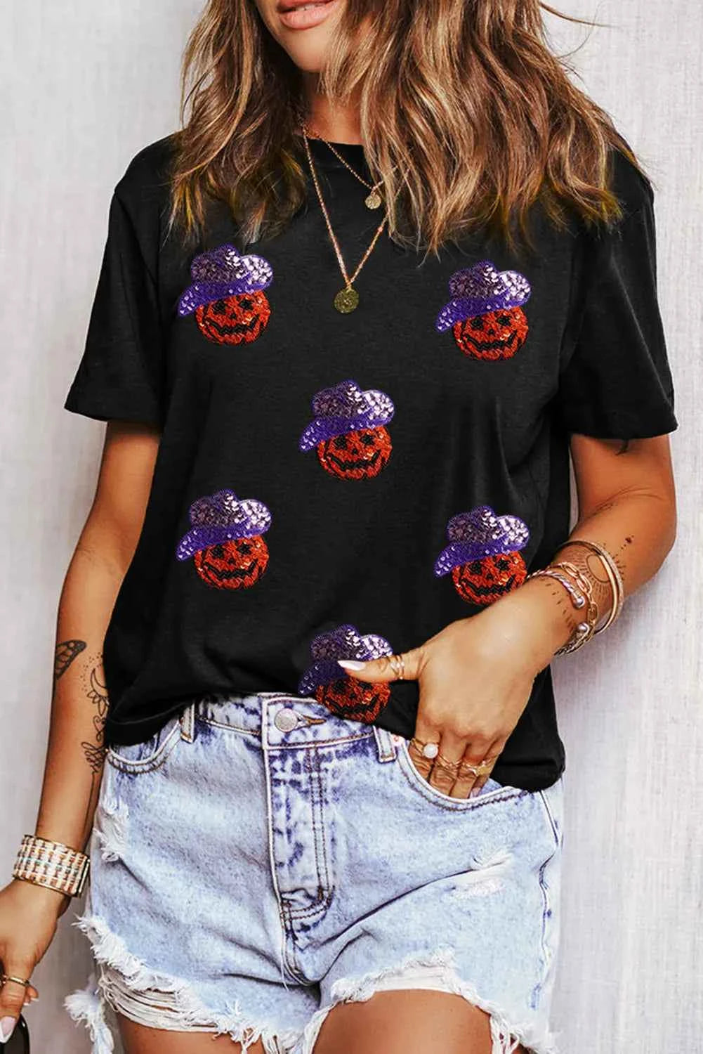 Sequin Pumpkin Round Neck Short Sleeve T-Shirt - Lojy Shop