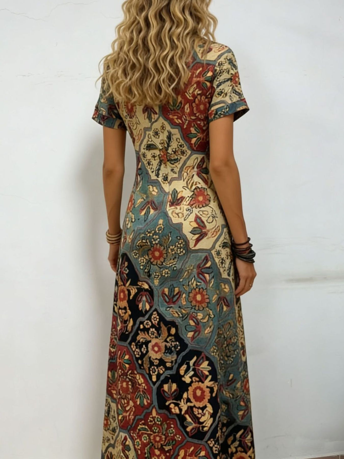 Printed V-Neck Short Sleeve Midi Dress