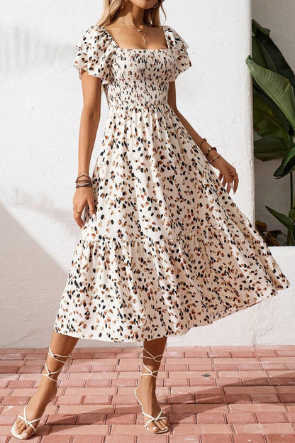 Square Neck Ruffle Sleeve Midi Dress