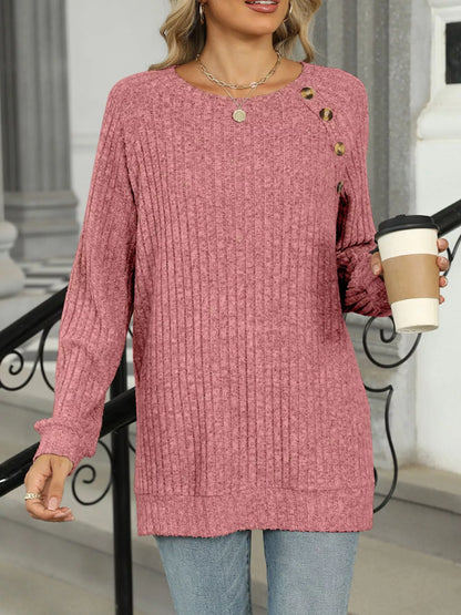 Round Neck Side Slit Ribbed Knit Top with Asymmetric Button Detail