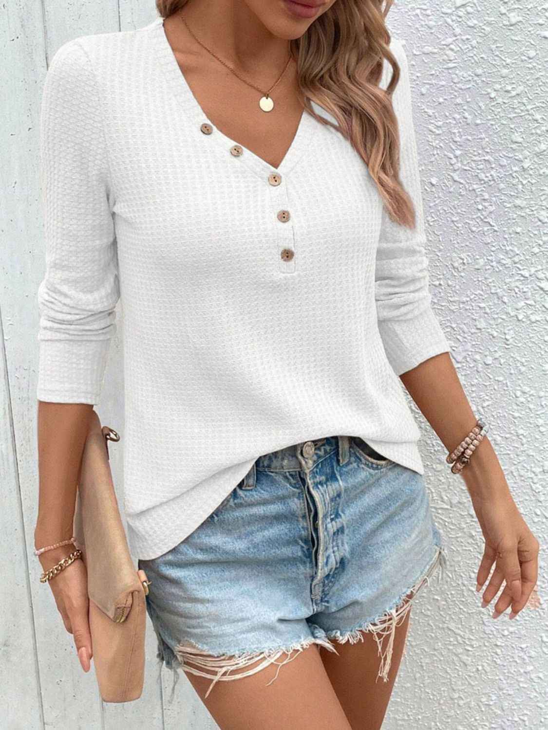 Waffle Knit V Neck Long Sleeve Top Lojy Shop