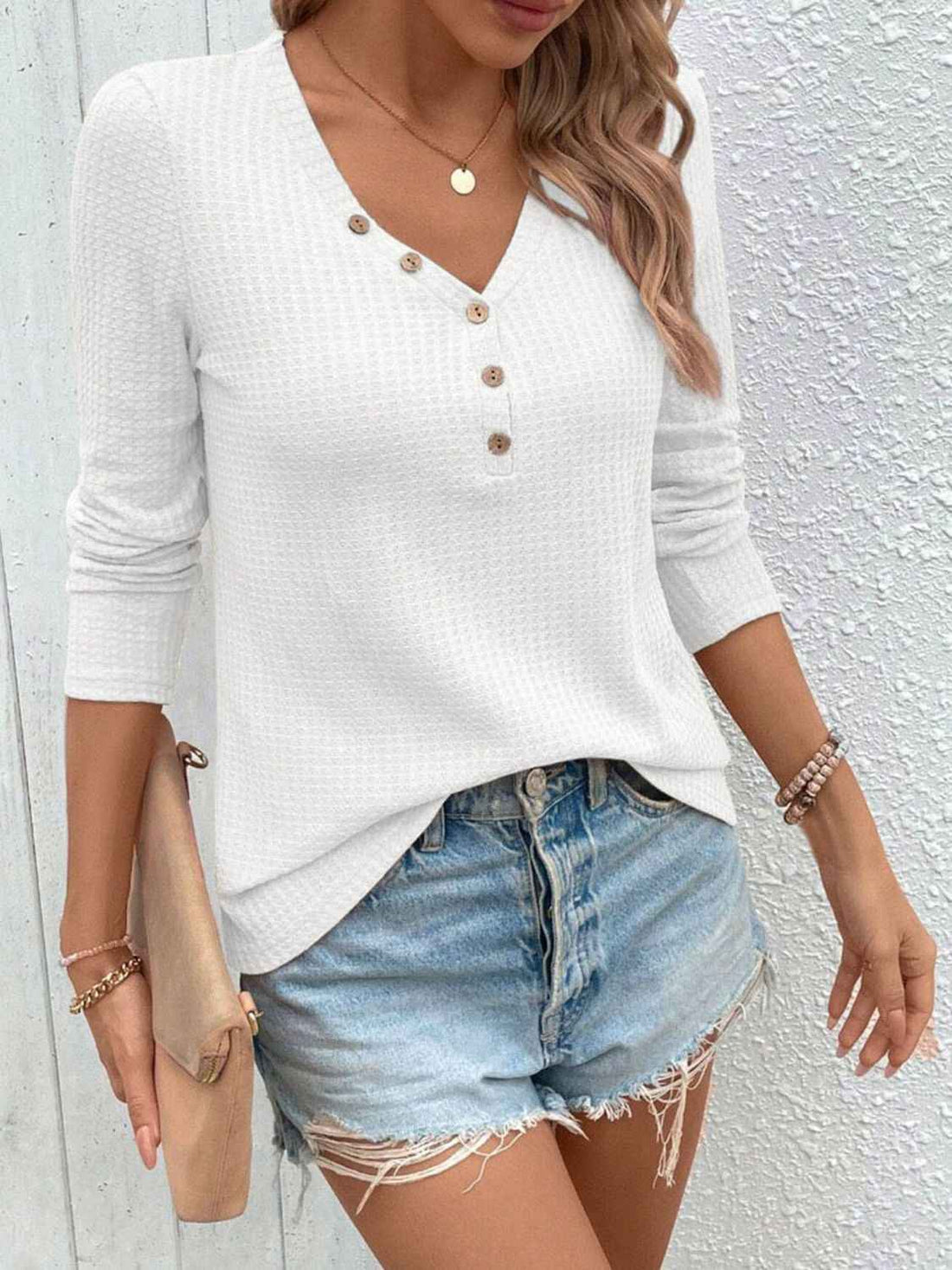 Waffle-Knit V-Neck Long Sleeve Top - Lojy Shop