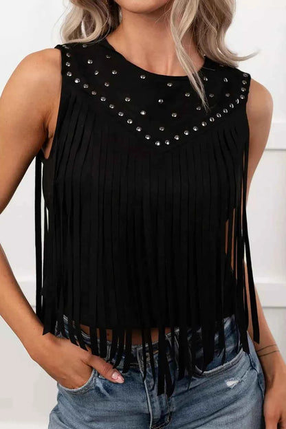 Western Fringe Rivet Paneling Bust Sleeveless Top