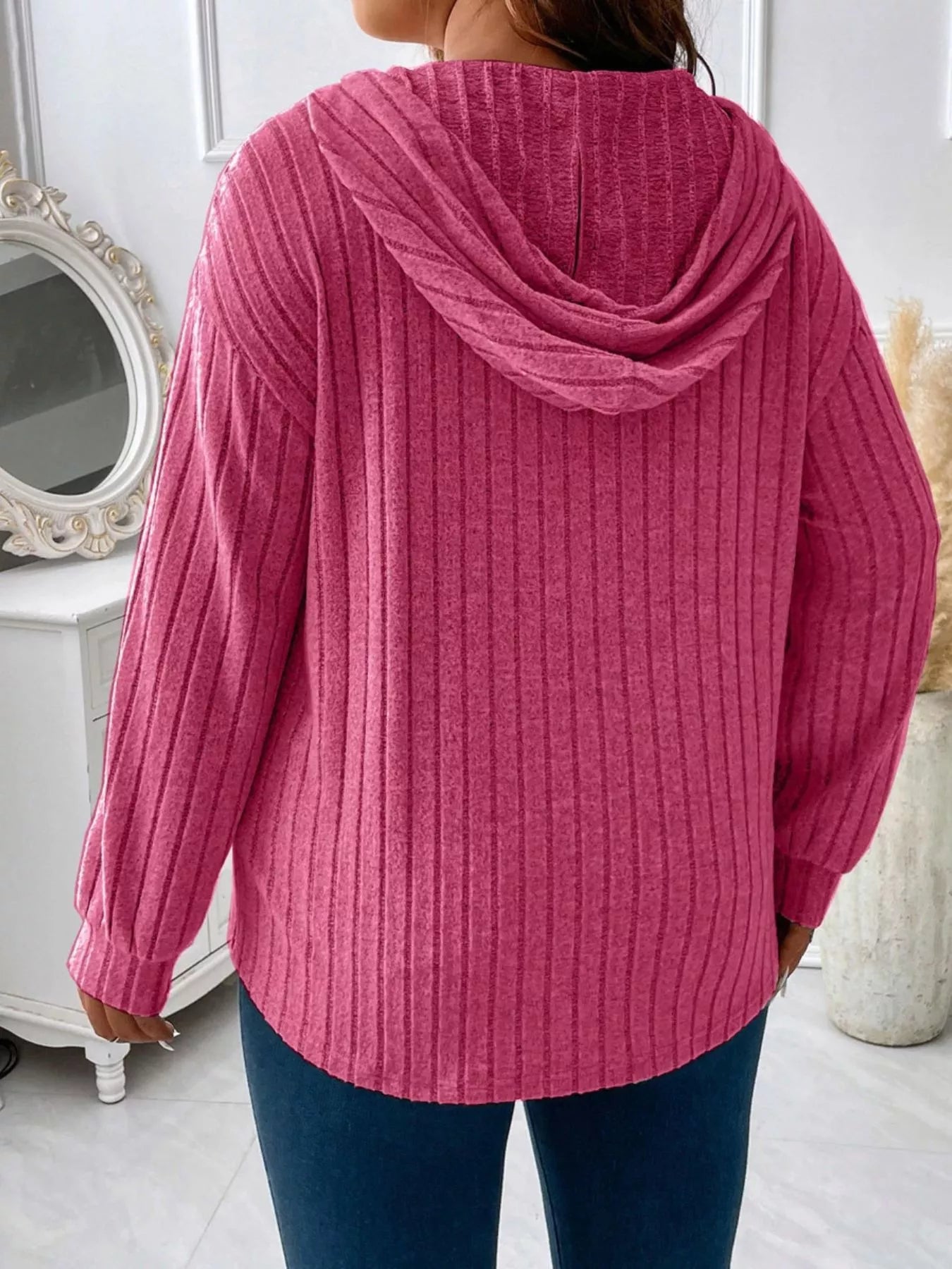 Ribbed Knit Drawstring Hooded T-Shirt