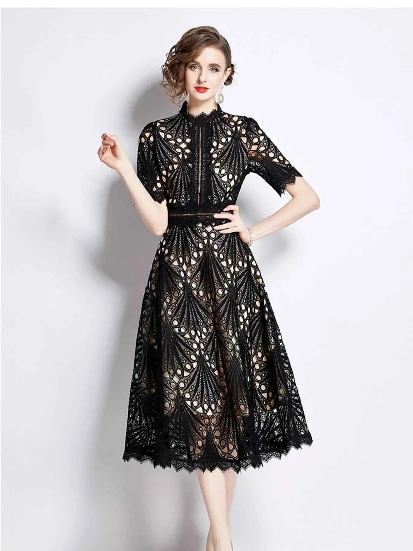 Full Size Lace Short Sleeve Midi Dress Plus Size