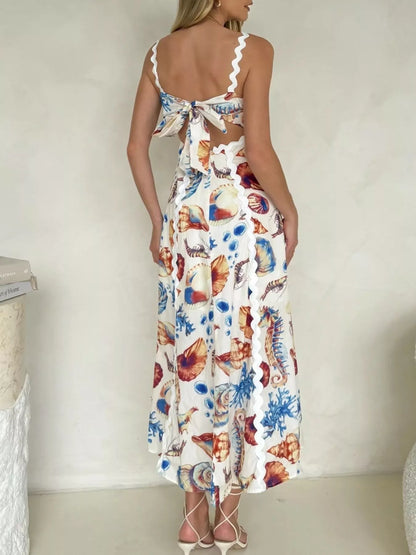 Seashell Print Scalloped Midi Dress