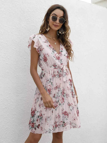 Pleated Floral Print Ruffle Sleeve Dress