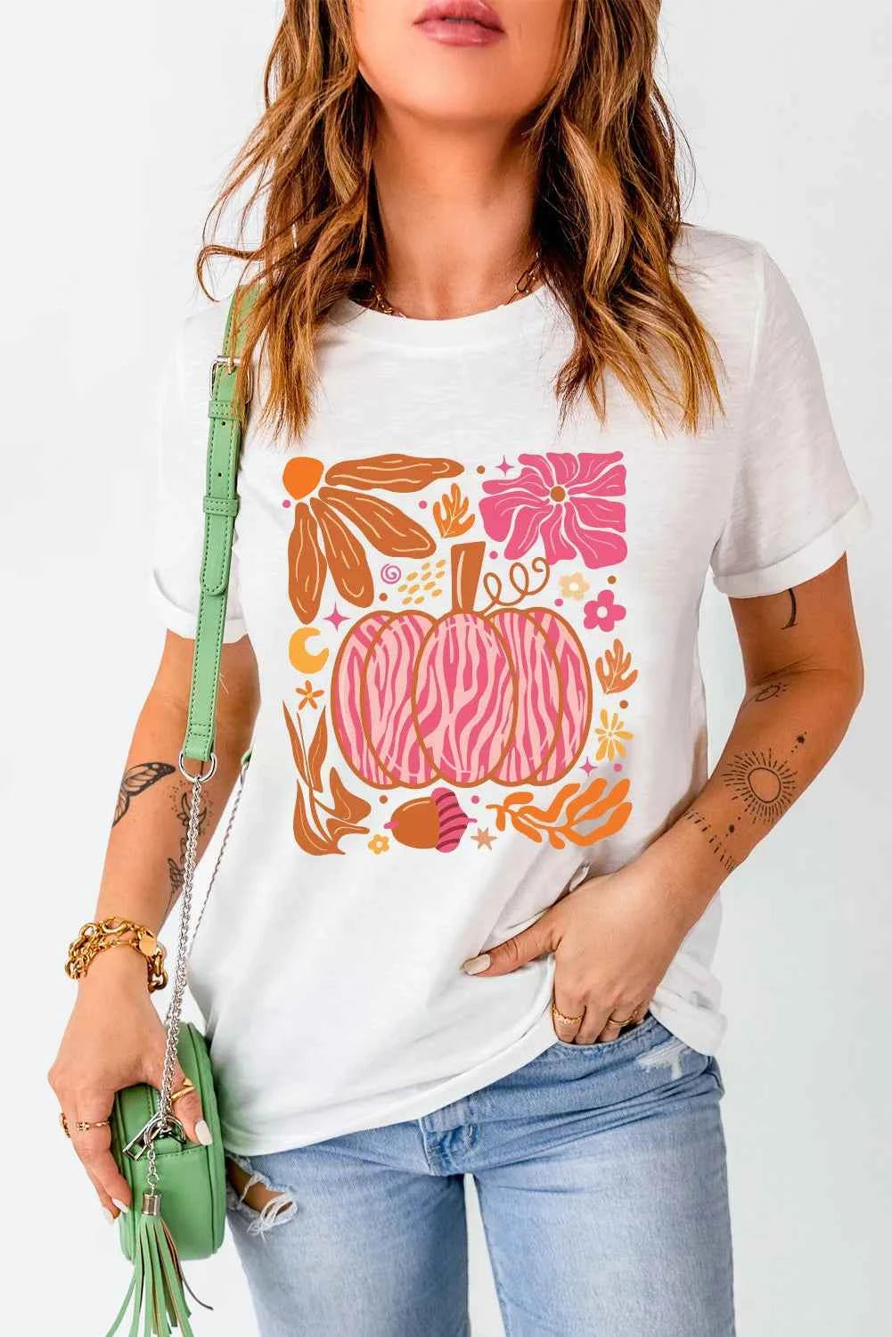 Graphic Round Neck Short Sleeve T-Shirt - Lojy Shop