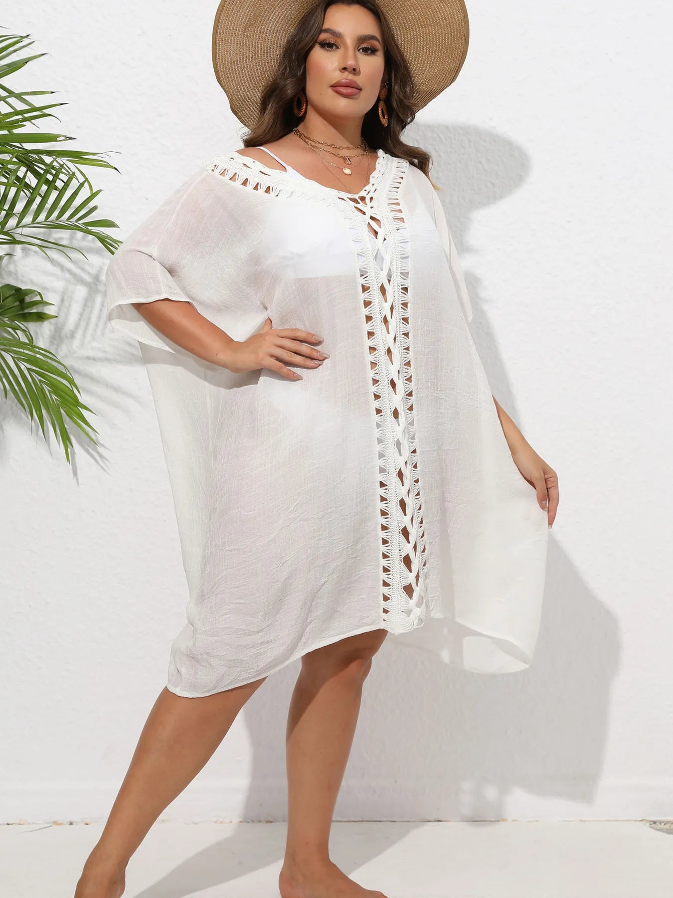Crochet Trim V-Neck Beach Cover Up Dress