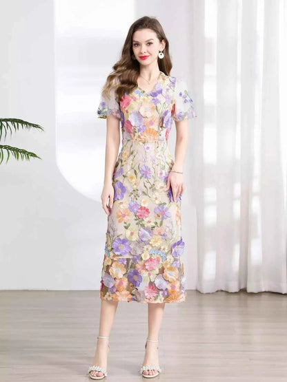 Floral Embroidered Puff Sleeve Midi Dress