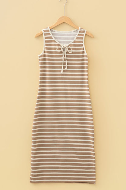 Stripe Tie V Neck Sleeveless Side Slit Midi Dress