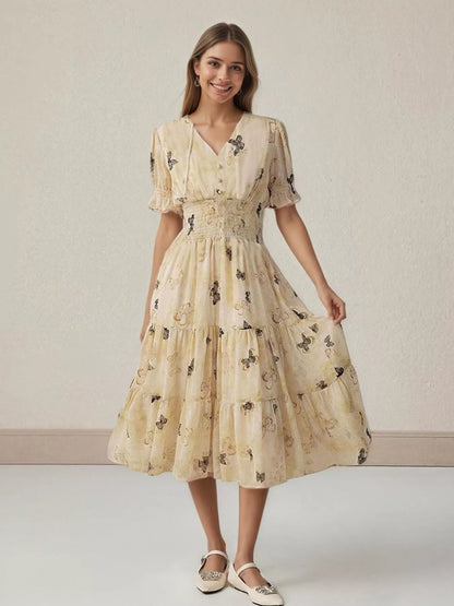 Butterfly Print Smocked Waist Tiered Midi Dress