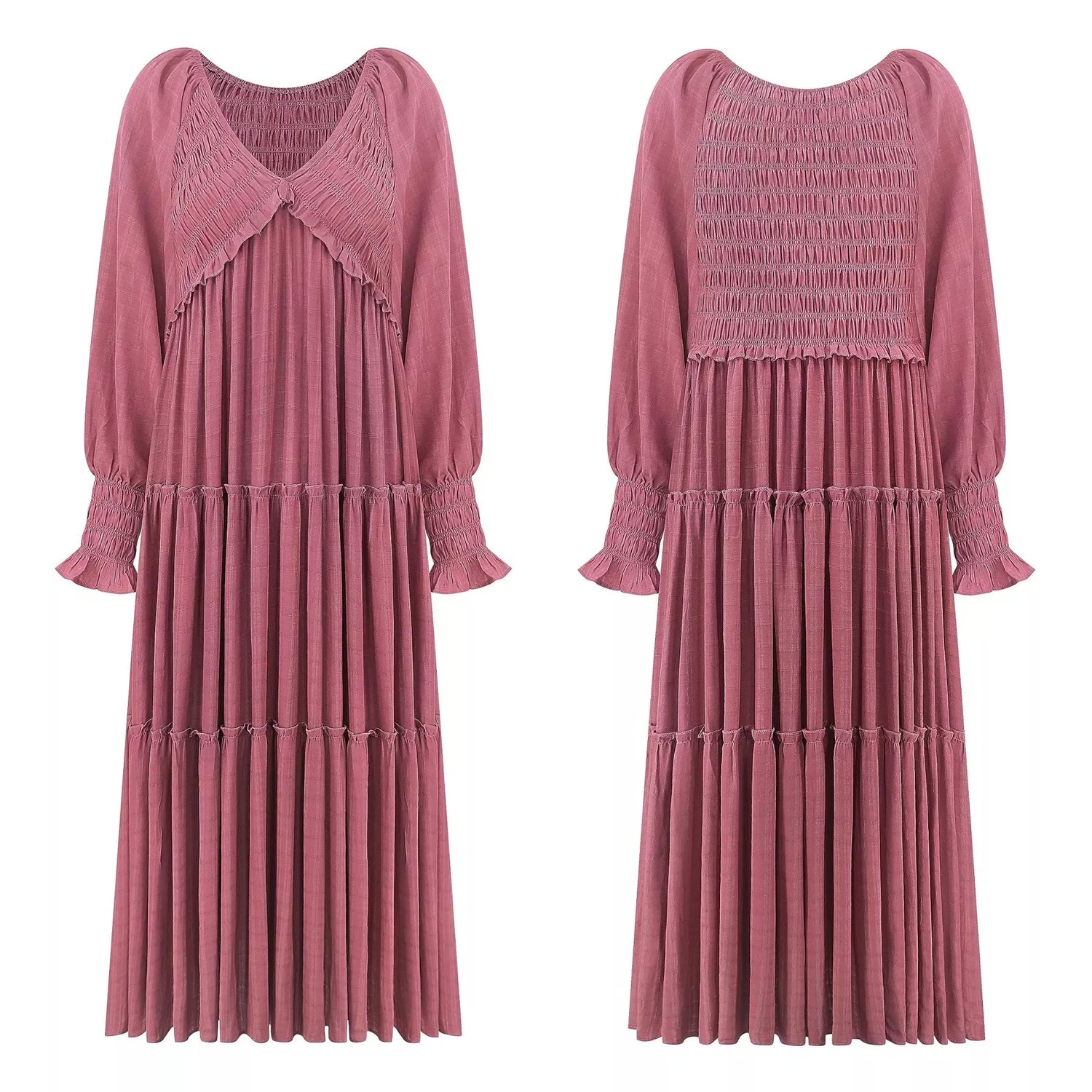 V-Neck Long Sleeve Tiered Maxi Dress