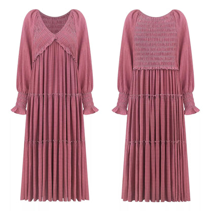 V-Neck Long Sleeve Tiered Maxi Dress