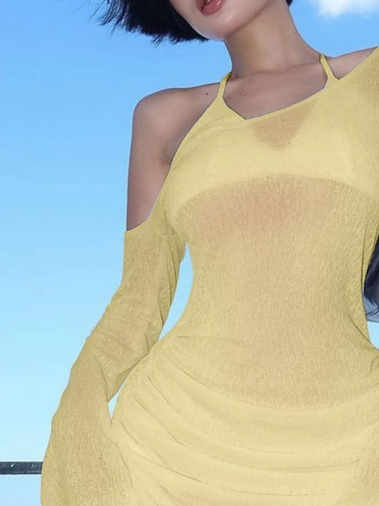 One-Shoulder Bell Sleeve Ruched Mini Cover-Up Dress
