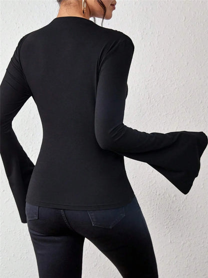 Bell Sleeve Ruched Fitted T-Shirt with Mock Neck